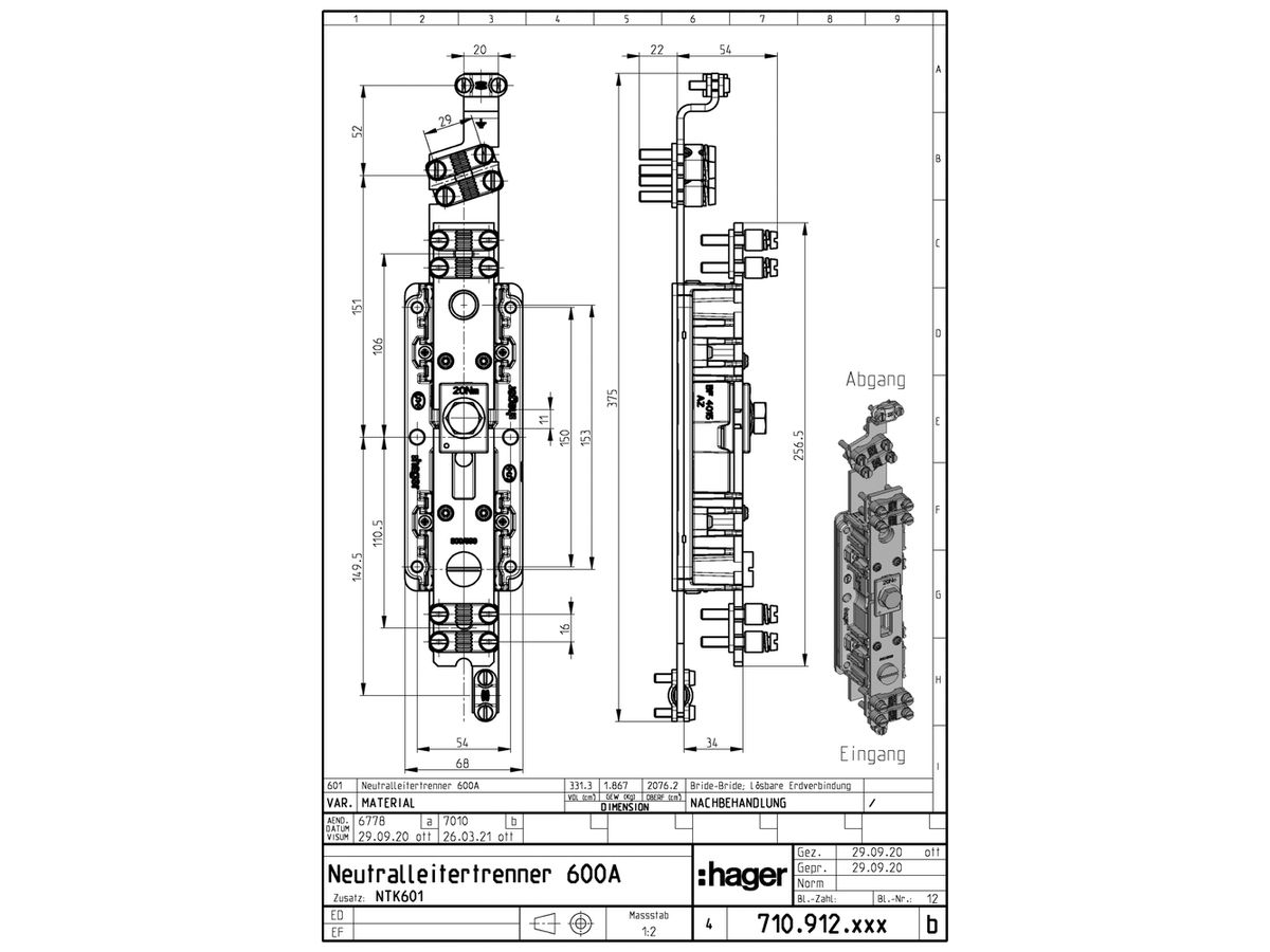 Neutralleitertrenner NH Hager 630A für Übergang von TN-C in TN-S