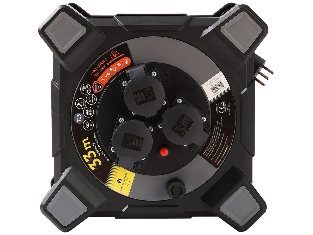 Kabelrolle Schönenberger Stecker:T13 Steckdose:3×T13 33m IP55 schwarz