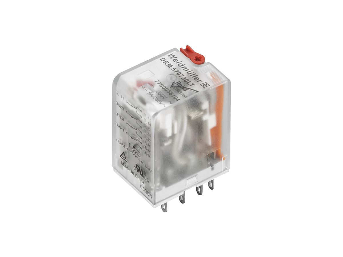 Relais WM DRM270730LT 2CO AgNi+Au 184…253VAC 10A/250VAC Prüftaste