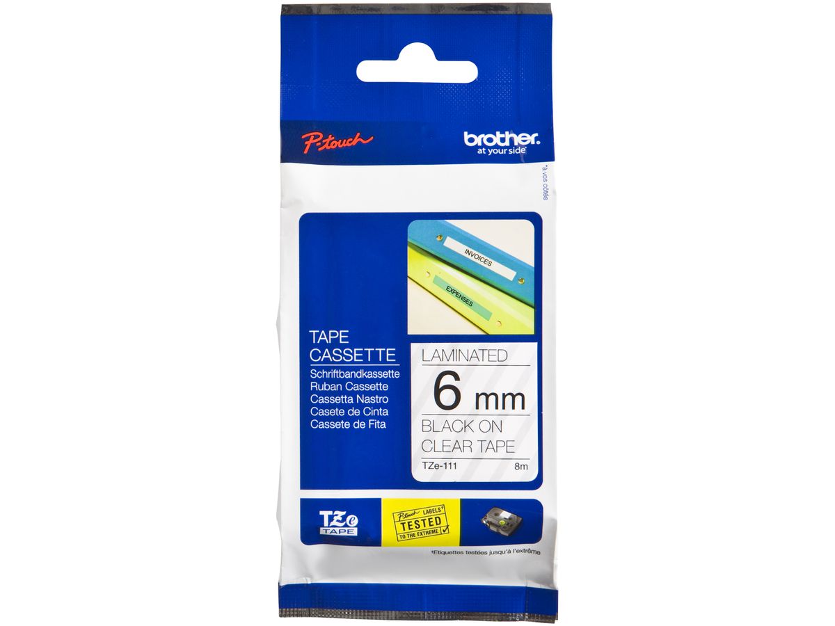 Schriftbandkassette Brother TZe-111 6mm×8m, transparent-schwarz
