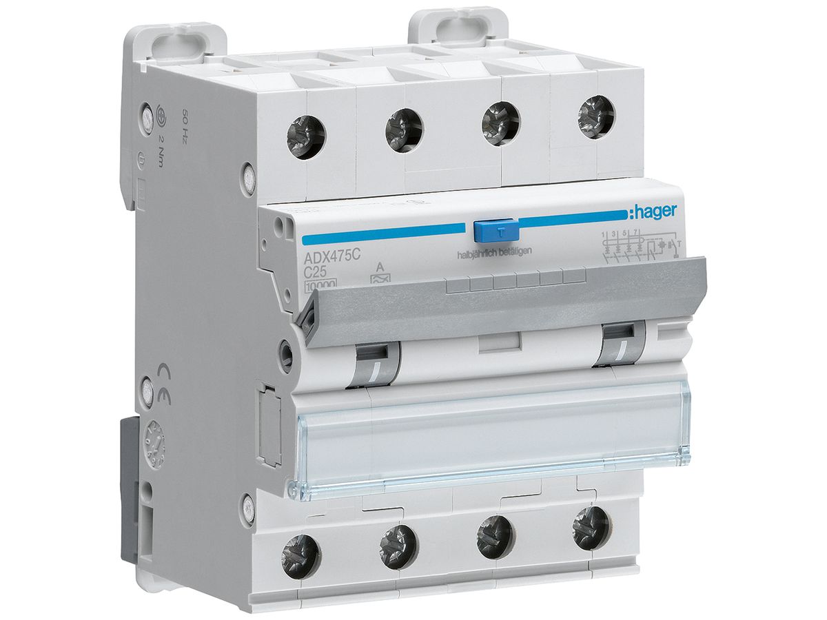 FI/LS-Schalter Hager RCBO 4P 400V Charakteristik C 25A 0.03A Typ A 10kA 4TE