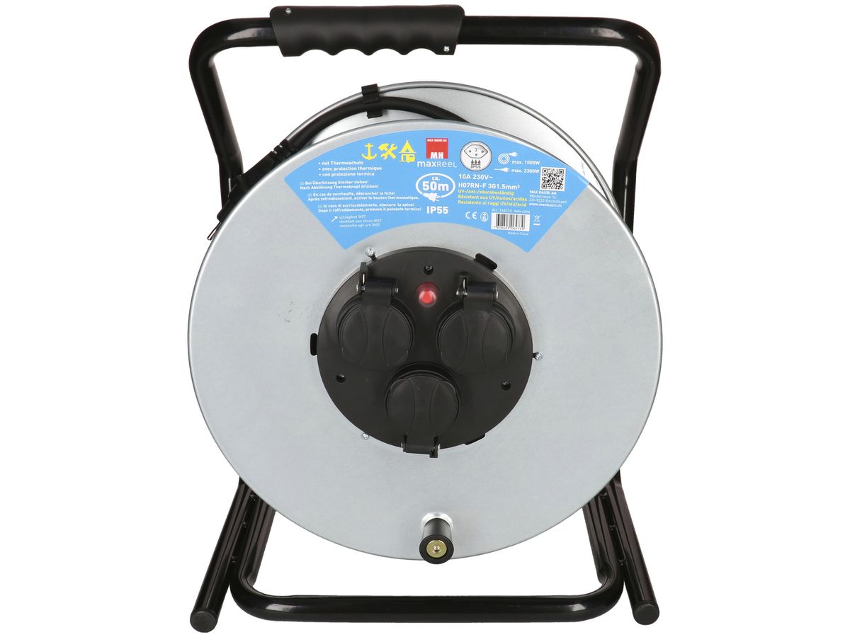 Kabelrolle MAX HAURI Stahl 230V 10A 3×T13 50m 3×1.5mm² IP55 silber