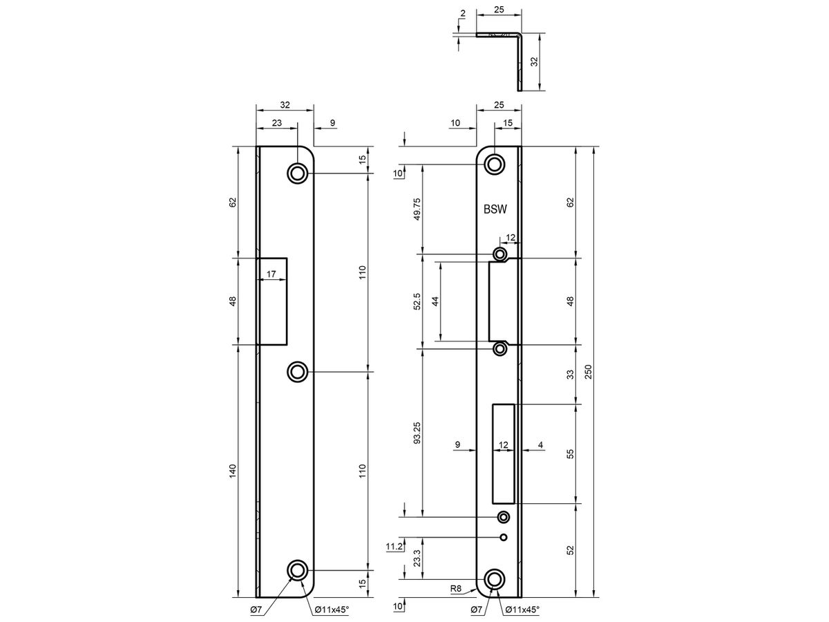 Schliessblech BSW Winkel 250×25/32×2mm Befestigung 4/3-Loch DIN L