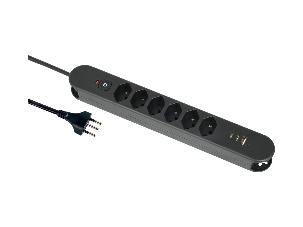 Steckdosenleiste Re:Life 10A Mit Ein-/Ausschalter 6×T13 3×USB 1.8m schwarz