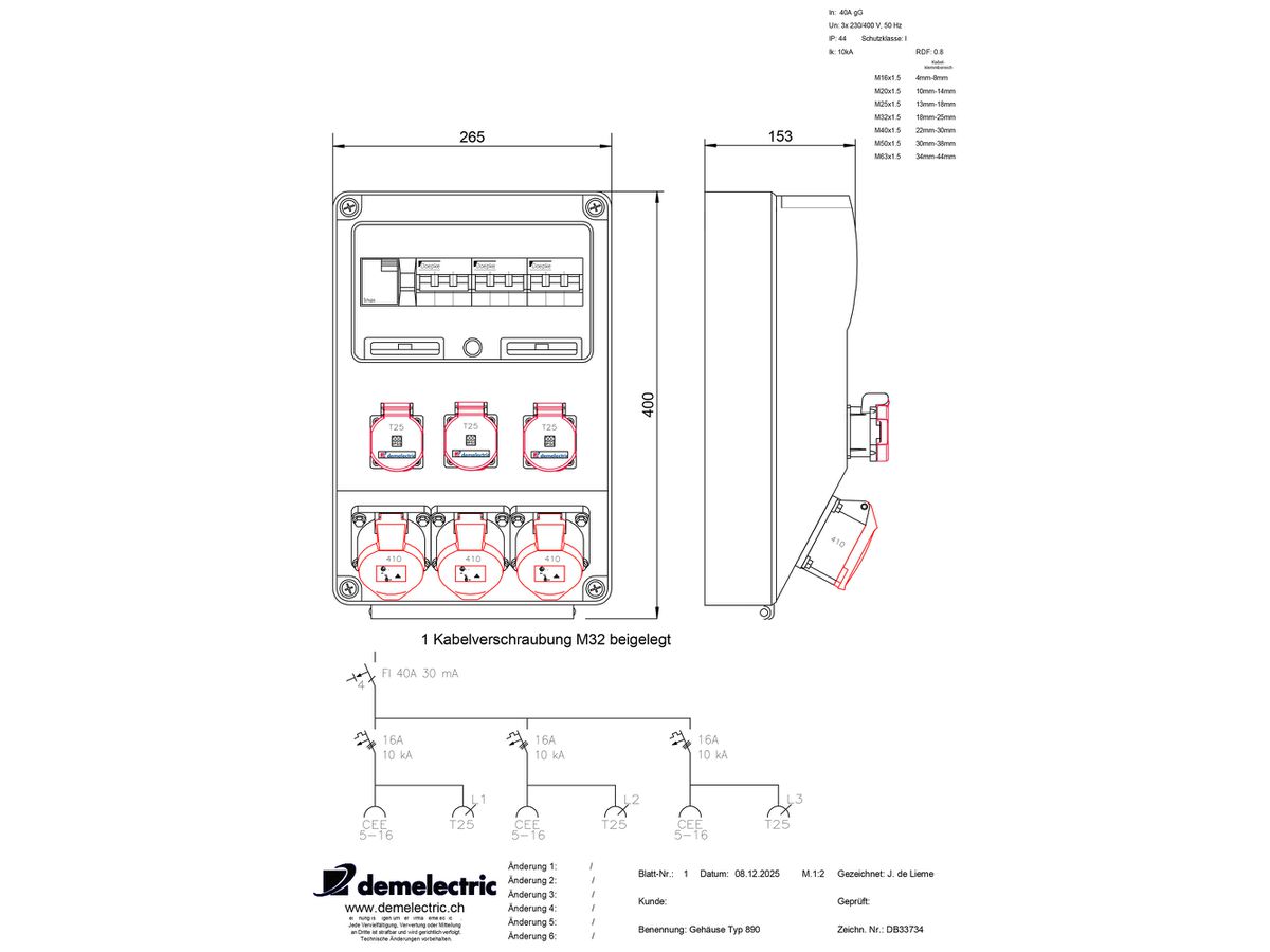 Stromverteiler DEM Typ 890 3×16A 5P 400V 3×T25 5P IP44
