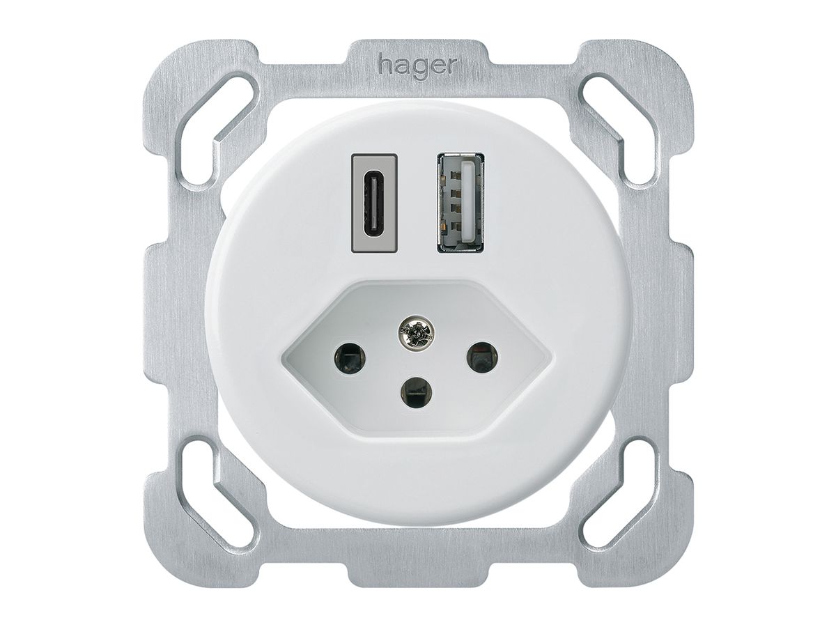 UP-USB-Ladesteckdose basico 18W PD 1×Typ A 1×Typ C T13 m.Befestigungspl. weiss