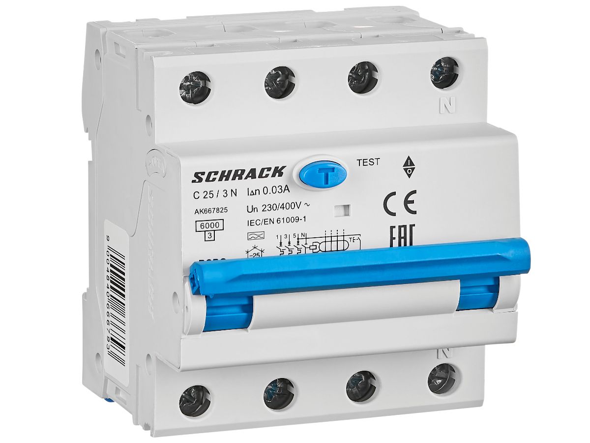 FI/LS-Schalter RCBO 4P 400V AMPARO - 3L+N C 25A 0.03A A 6kA Typ A 4TE Schrack
