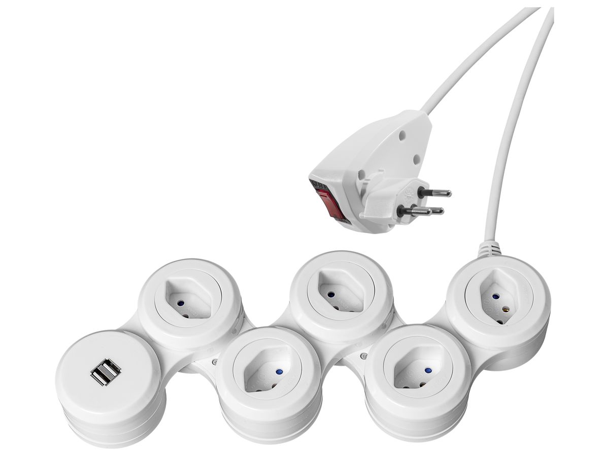 Steckdosenleiste STEBA SNAKE 5×T13, 2×USB mit Schalter 1.5m weiss