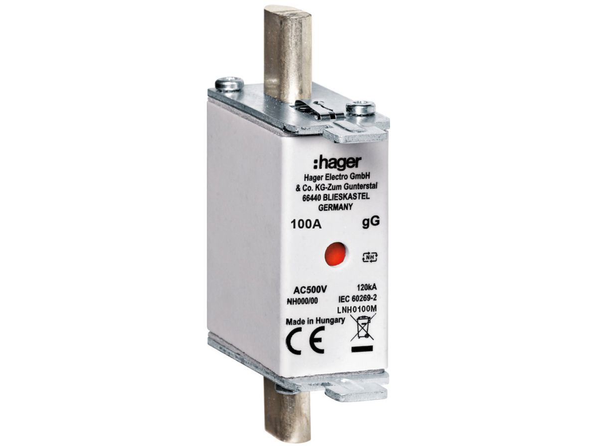 NH-Sicherung Hager DIN000 500VAC 100A gG/gL Doppelkennmelder rostgeschützt