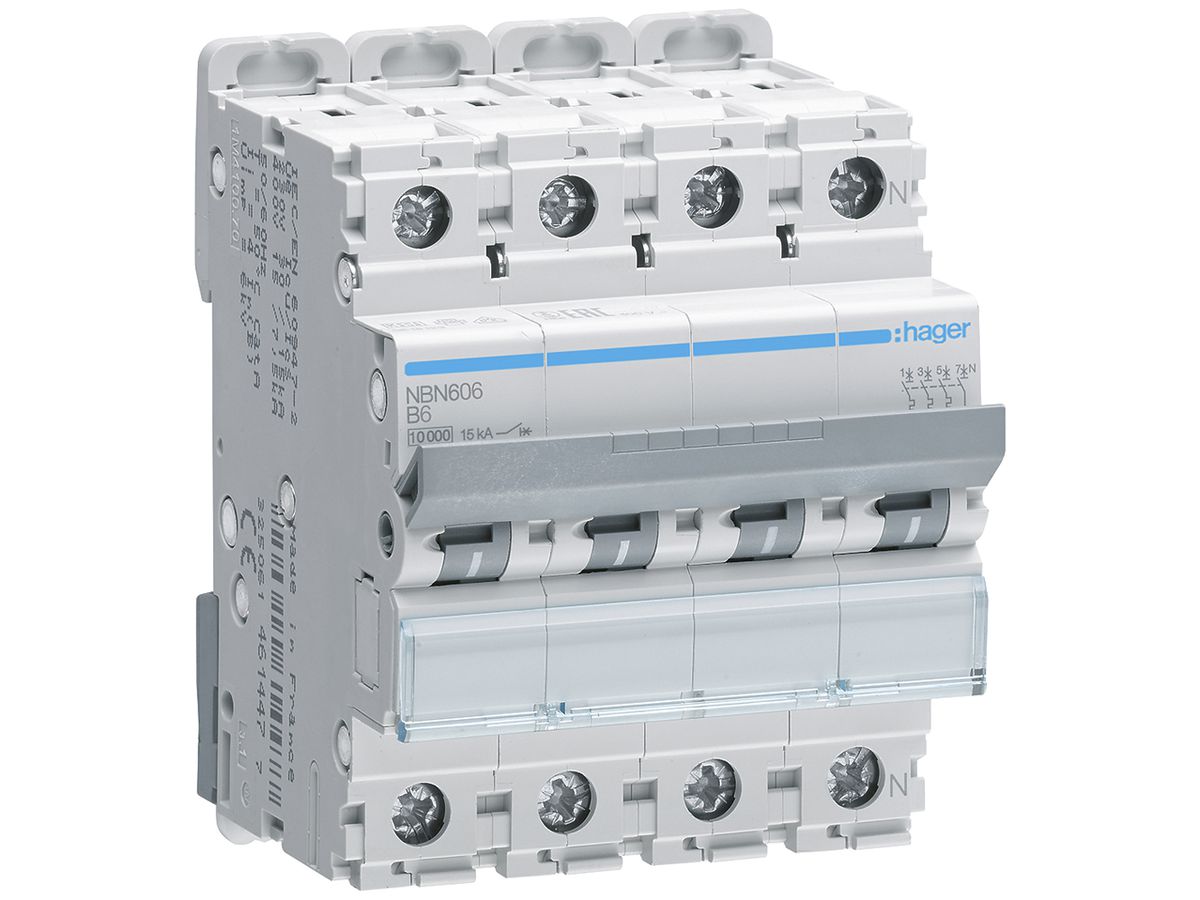 Leitungsschutzschalter Hager MCB 3P+N 415V Typ B 6A Icn 10kA Icu 15 kA 4TE