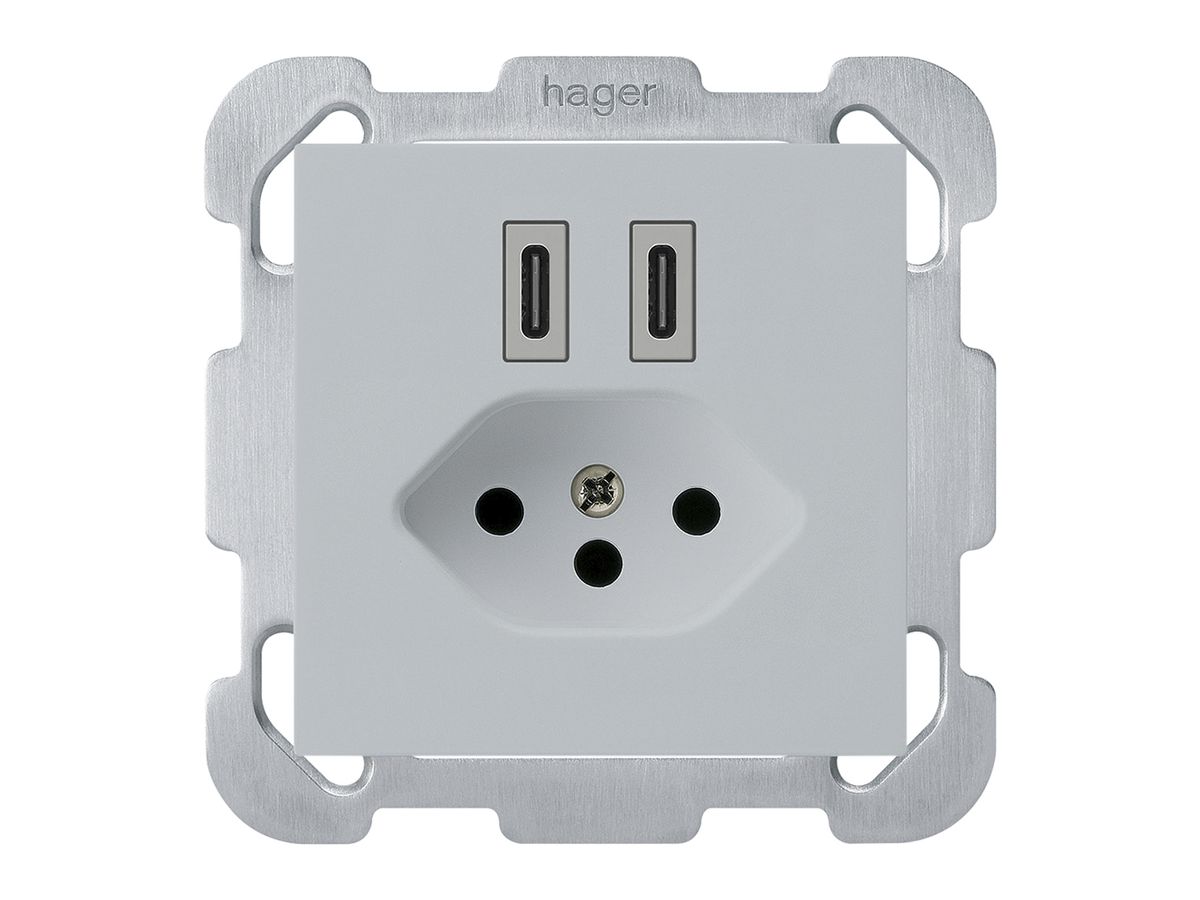 UP-USB-Ladesteckdose Hager kallysto C-C 20W+T13 5V 77×77mm grau