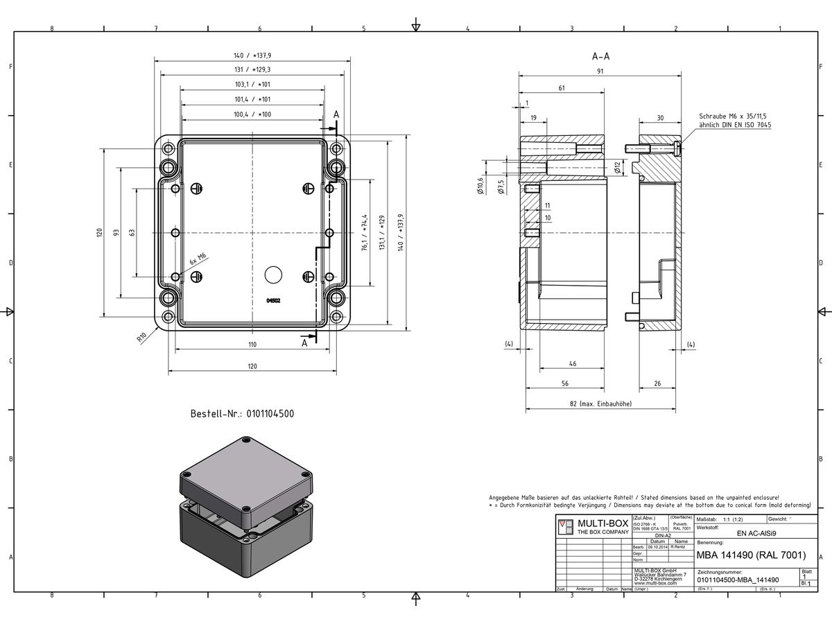 Aluminiumgehäuse SWIB ENSTO AG 140×140×90mm IP66 grau