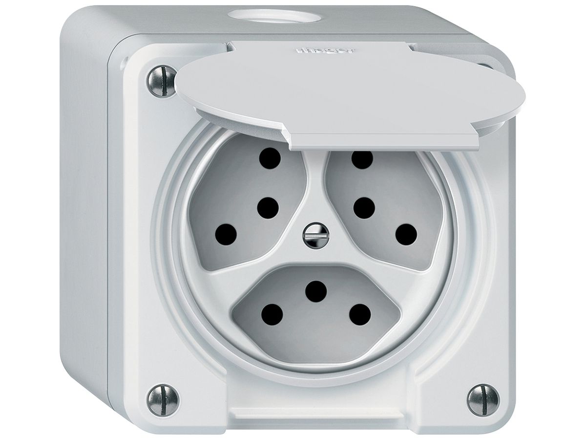 AP-Steckdose robusto 3×T13 10A 250V 86×86mm IP21 weiss