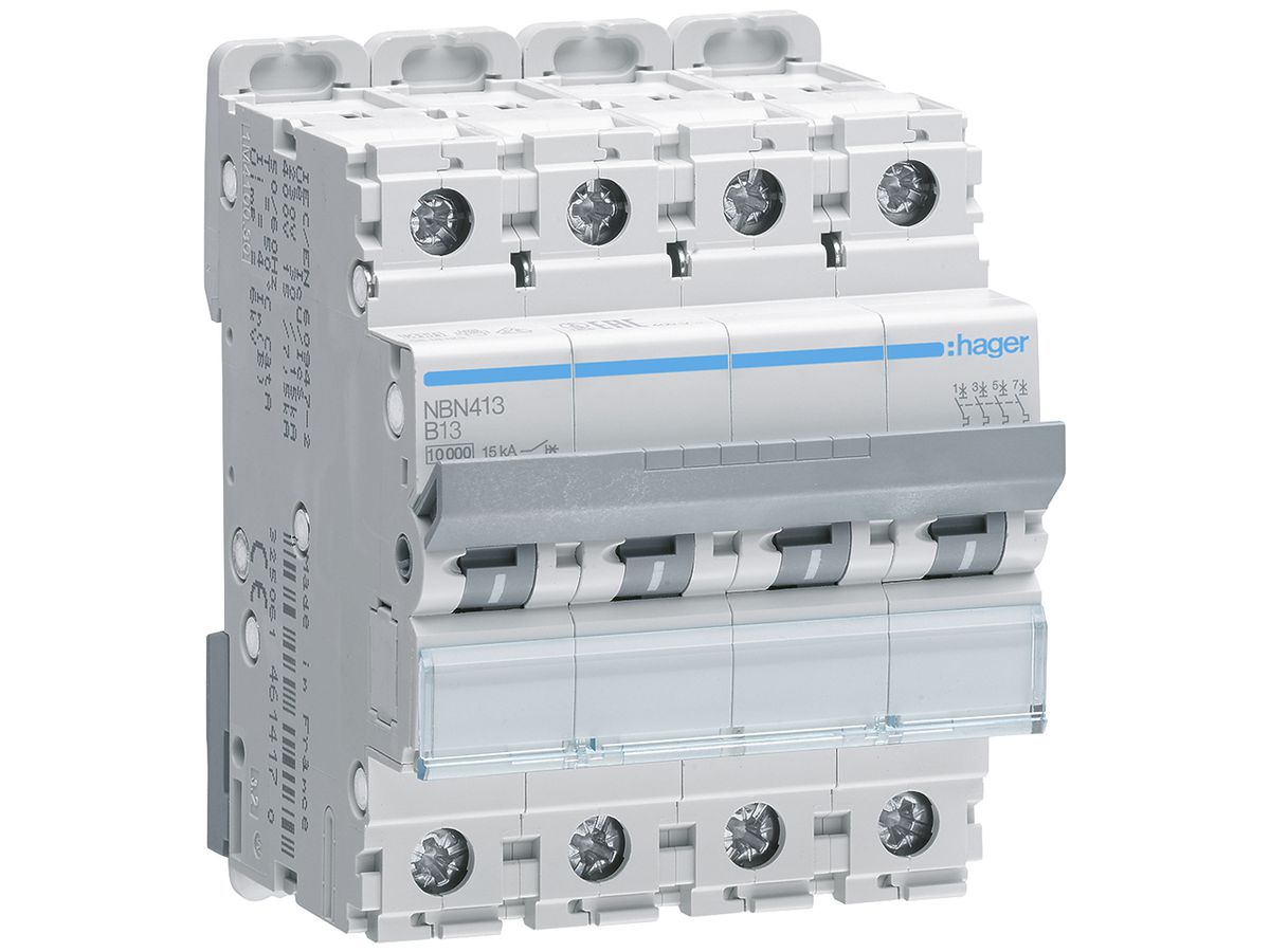 Leitungsschutzschalter Hager MCB 4P 415V Typ B 13A Icn 10kA Icu 15 kA 4TE