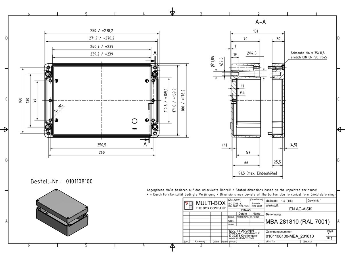 Aluminiumgehäuse SWIB ENSTO AG 180×280×100mm IP66 grau