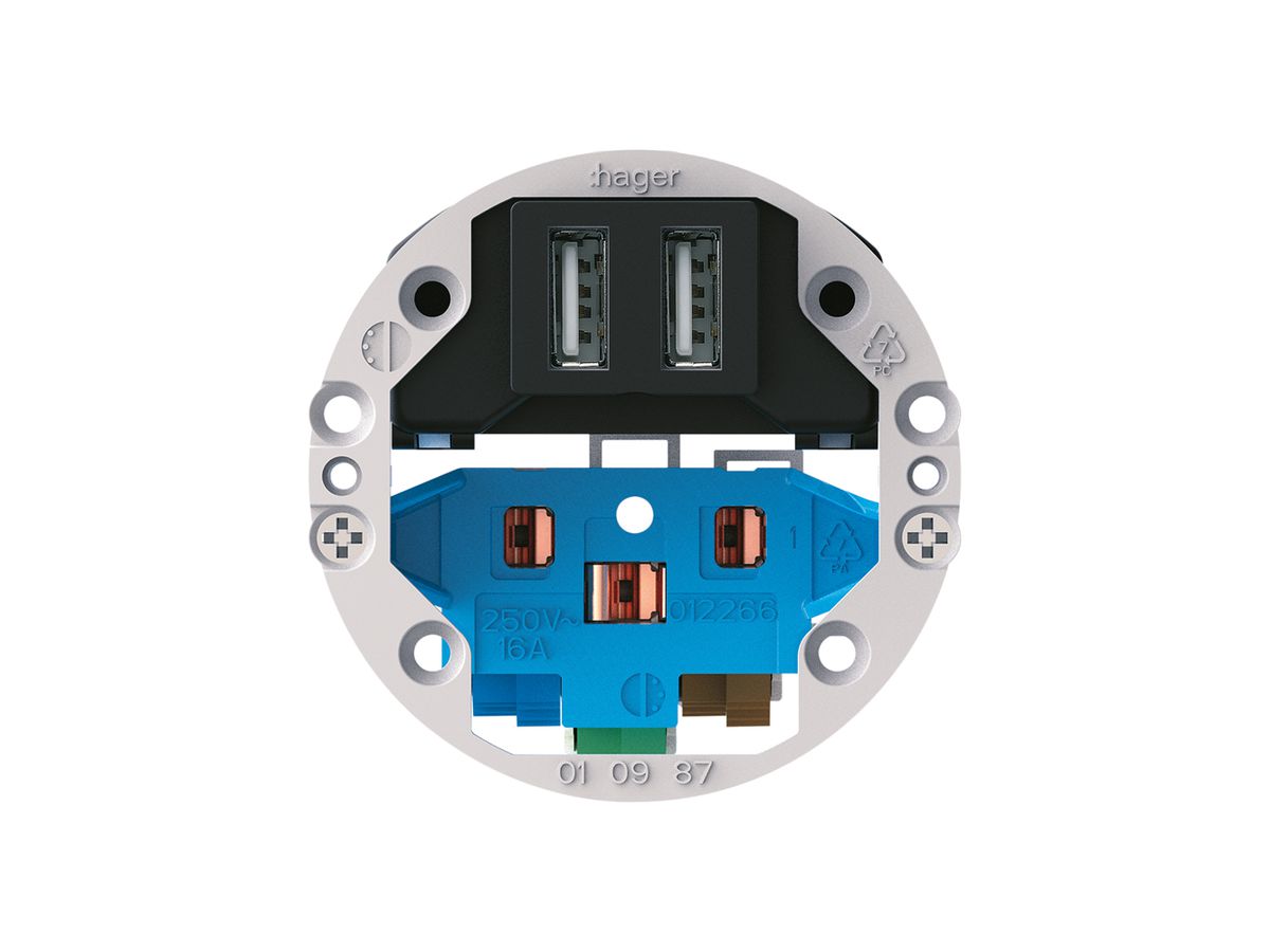 Einsatz zu Steckdose 2×USB & T13/23 Hager Bauart E 2400mA