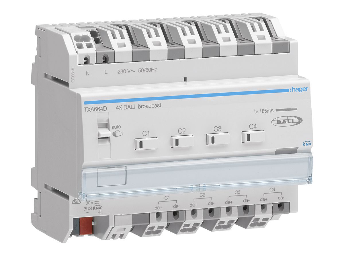 REG-Dimmaktor Hager TXA664D KNX easy 4×1…3W, 6TE, DALI, Broadcast