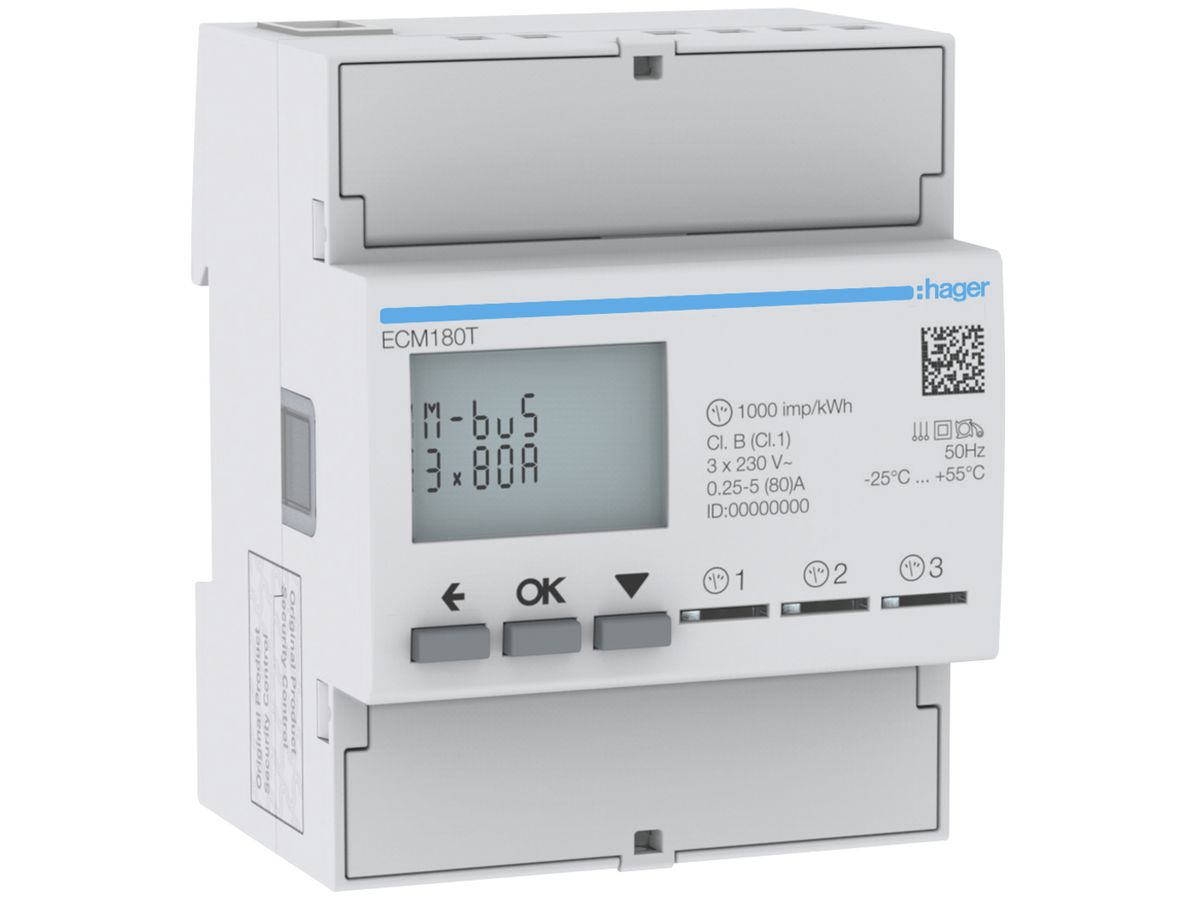 REG-Energiezähler HA ECM180T 3×1P direkt 80A M-Bus Import+Export 2T+2T