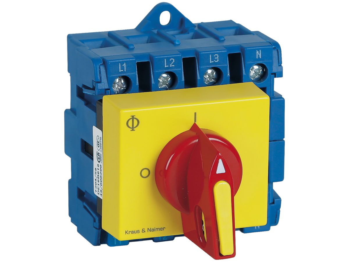EB-Lasttrennschalter für DIN 4P, 63A, Front: 0-1, gb, 52×45mm, Sperrvor.rt/gb