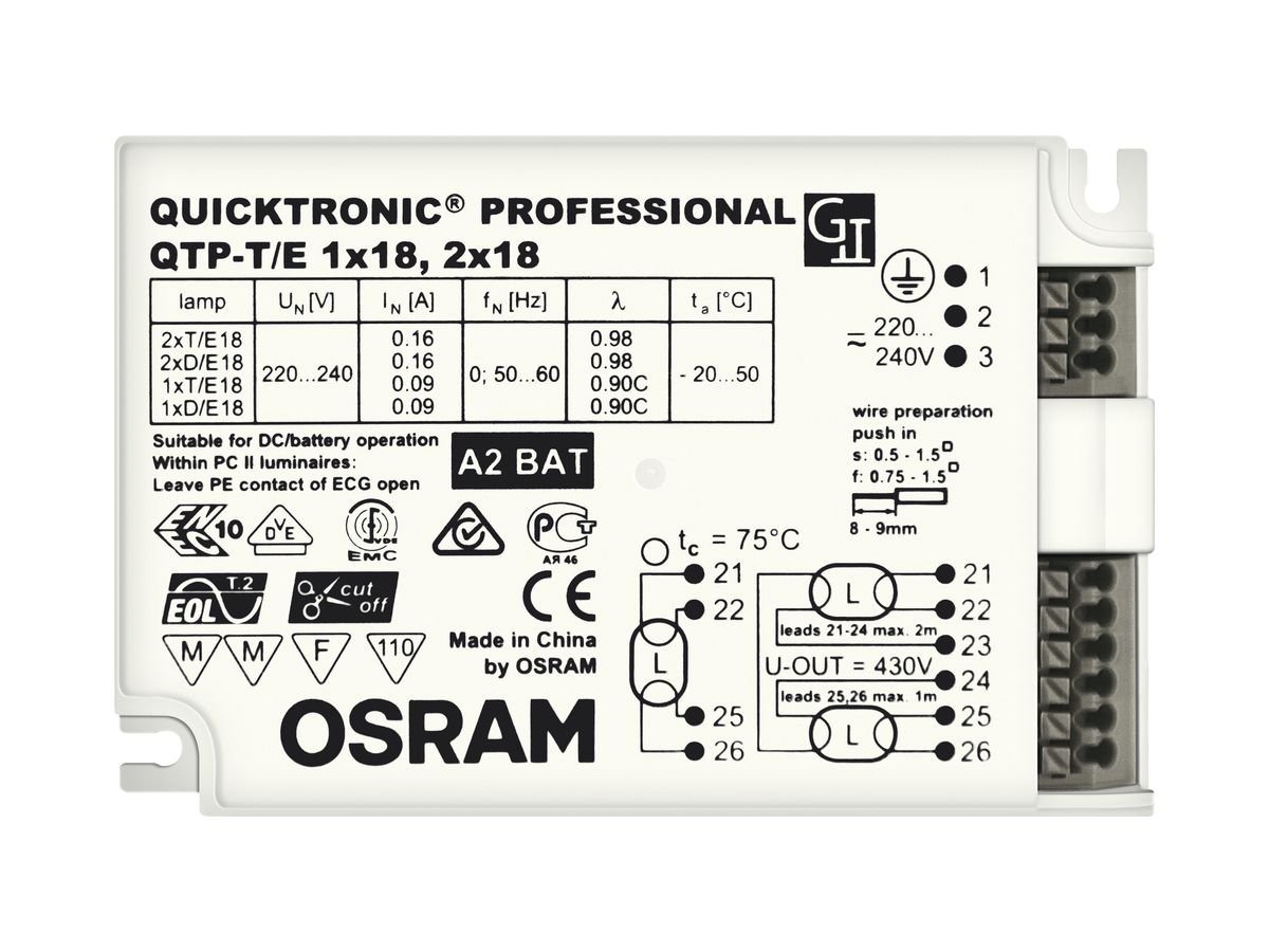 Elektronisches Vorschaltgerät Osram QTP-T/E 1×18/2×18W 220…240V