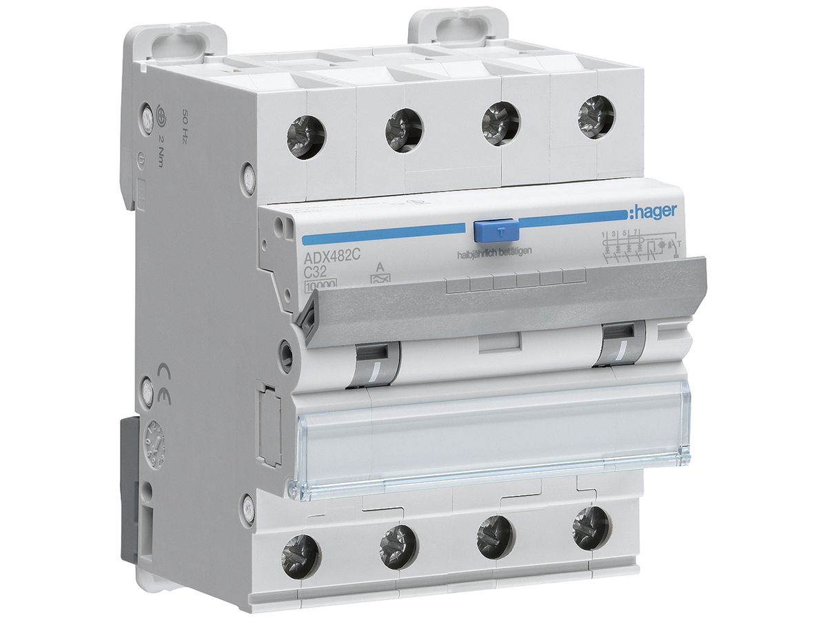 FI/LS-Schalter Hager RCBO 4P 400V Charakteristik C 32A 0.03A Typ A 10kA 4TE