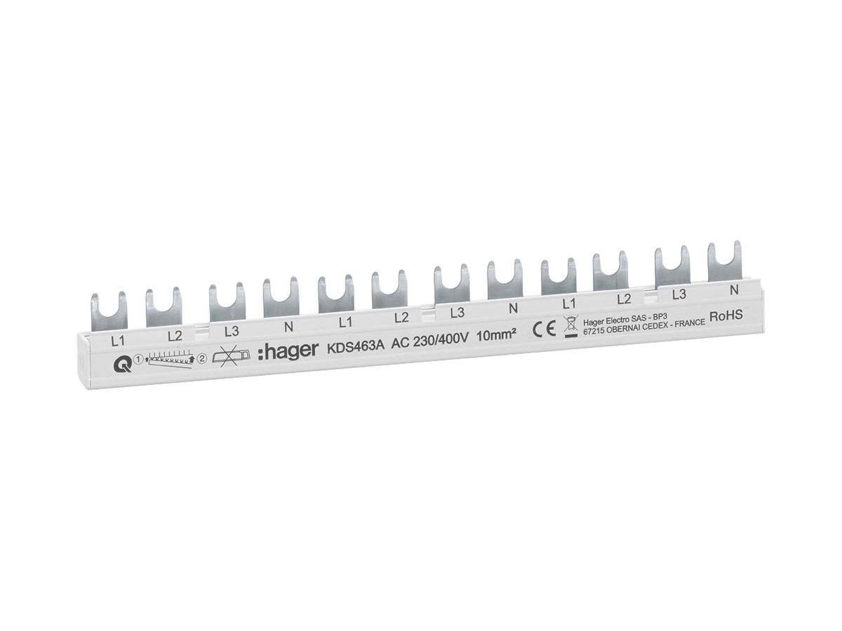 Phasenschiene Hager QC 4P 3L Gabel 10mm² 63A 215×3mm L1L2L3N-L1L2L3N-L1L2L3N