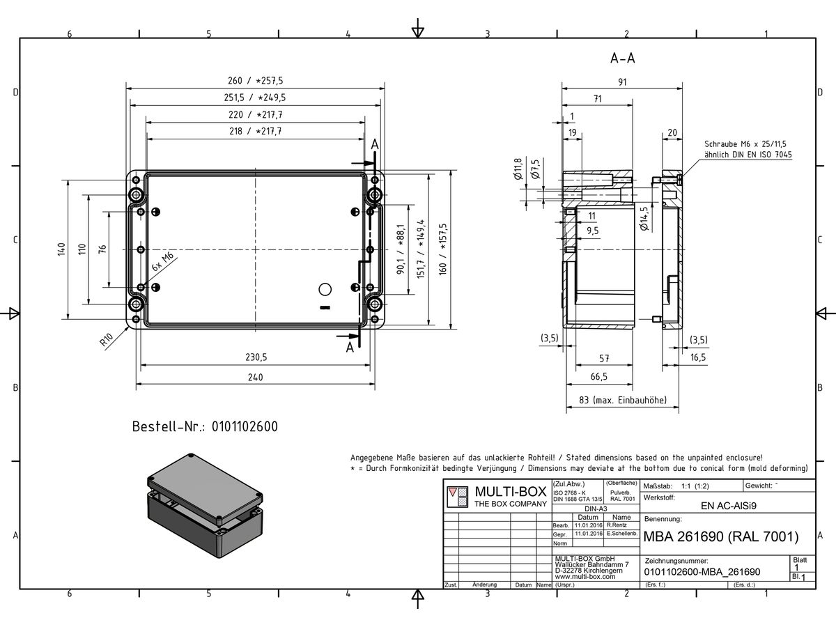 Aluminiumgehäuse SWIB ENSTO AG 160×260×90mm IP66 grau