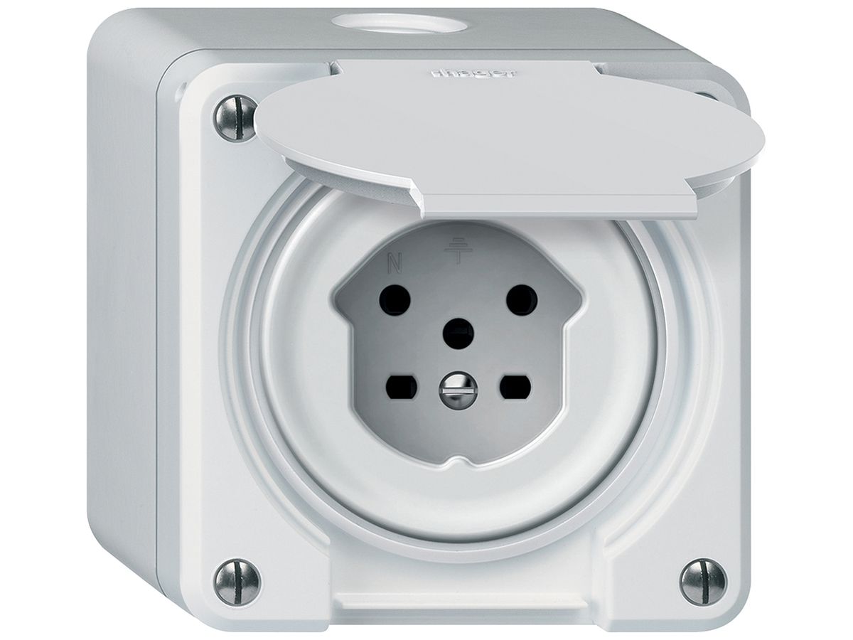 AP-Steckdose robusto 1×T15 10A 400V 86×86mm IP21 weiss