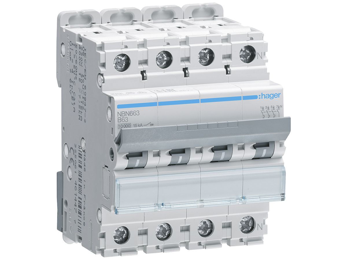 Leitungsschutzschalter Hager MCB 3P+N 415V Typ B 63A Icn 10kA Icu 15 kA 4TE