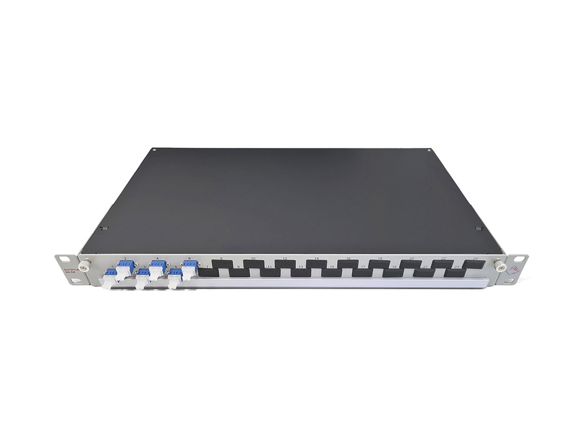 Spleissbox 19" Dätwyler OV-CH 6×LCD/PC blau OS2 versetzt 1HE Silber