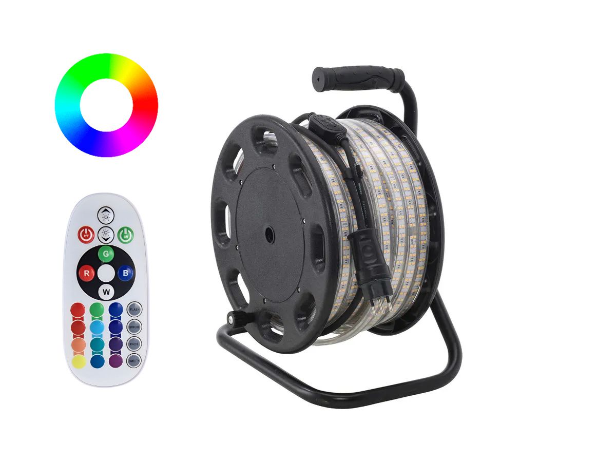 LED-Lichtband RGB 50m auf Trommel - und Griff, IP65, 230VAC,Zuleitung 1,5m
