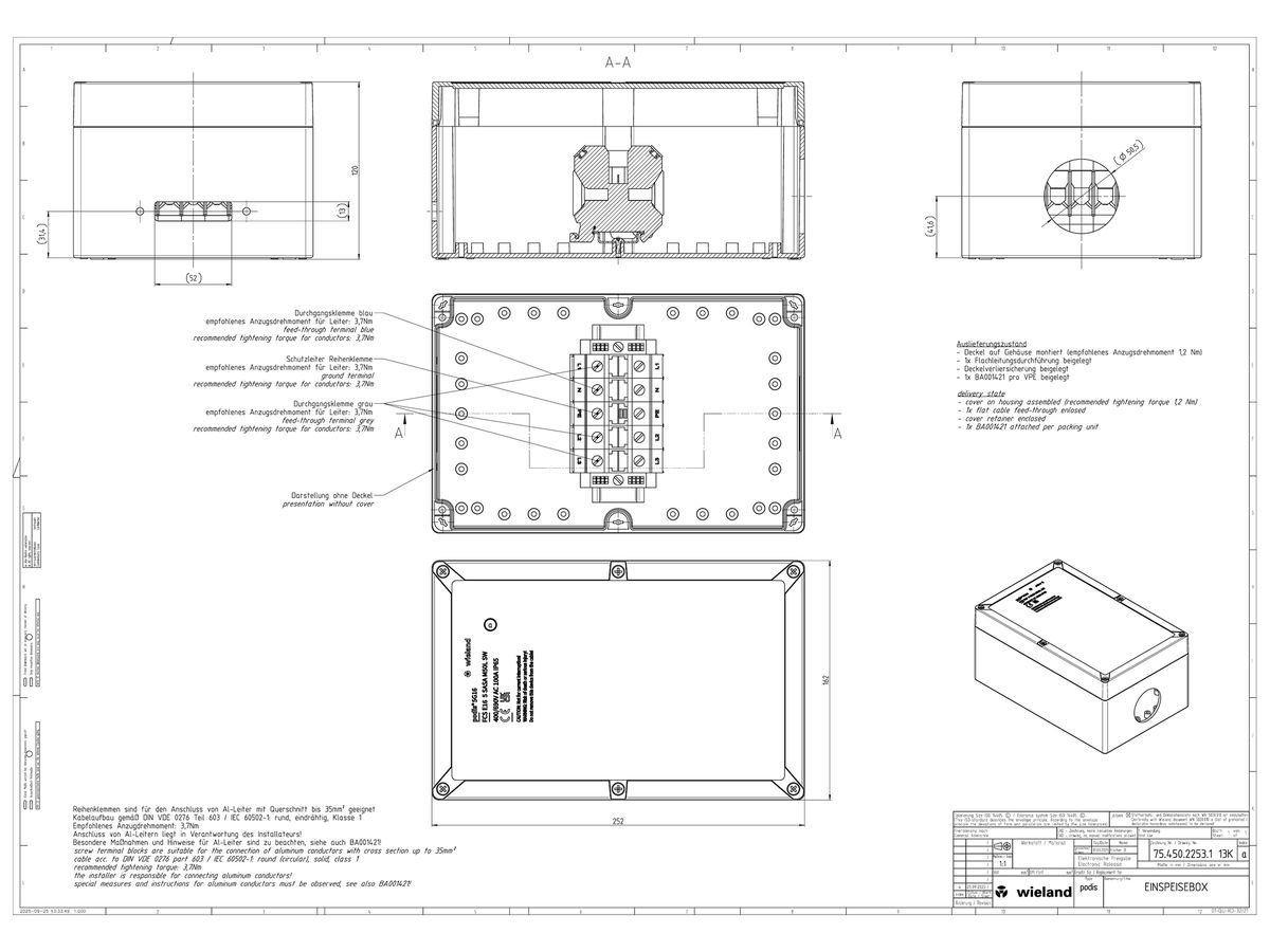 Klemmengehäuse Wieland Electric 252×162×120mm schwarz Kunststoff IP65 5×50mm²