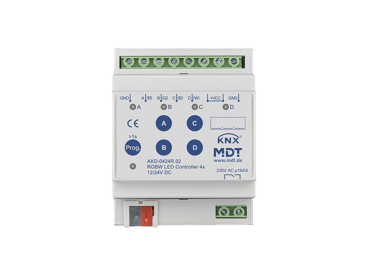 REG-LED-Betriebsgerät KNX MDT AKD-0424R.02 4-Kan 96W 12…24V 4TE