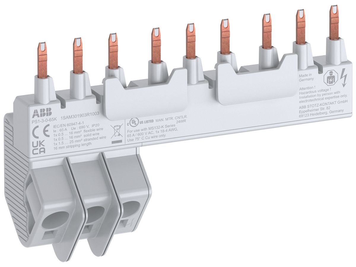 Phasenschiene ABB PS1-3-0-65K, für 3×MS132-K 3L 65A 131.9mm Push-In