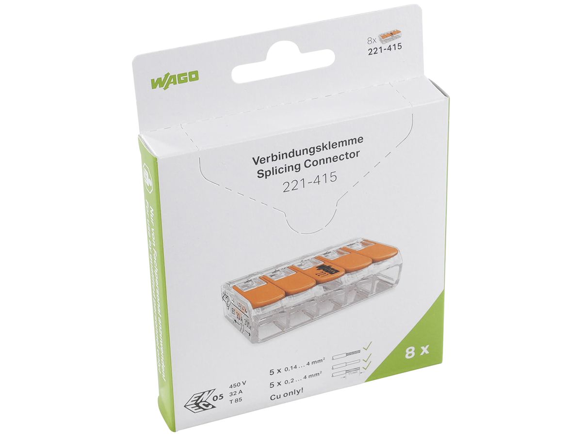 Dosenklemme WAGO 221-415 in Blister 8 Stück 5L 0.2…4mm² 32A 450V