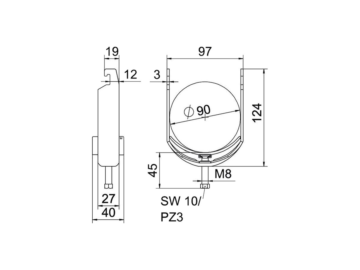 Schnellverleger BET 2056 U-Fuss Kunststoff 82…90mm 1×Kabel Stahl tfZn