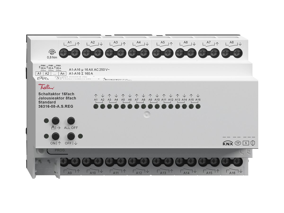 REG-Schaltaktor 16-fach/Jalousieaktor 8-fach Standard, 4mA, 250V, 16A, 8TE