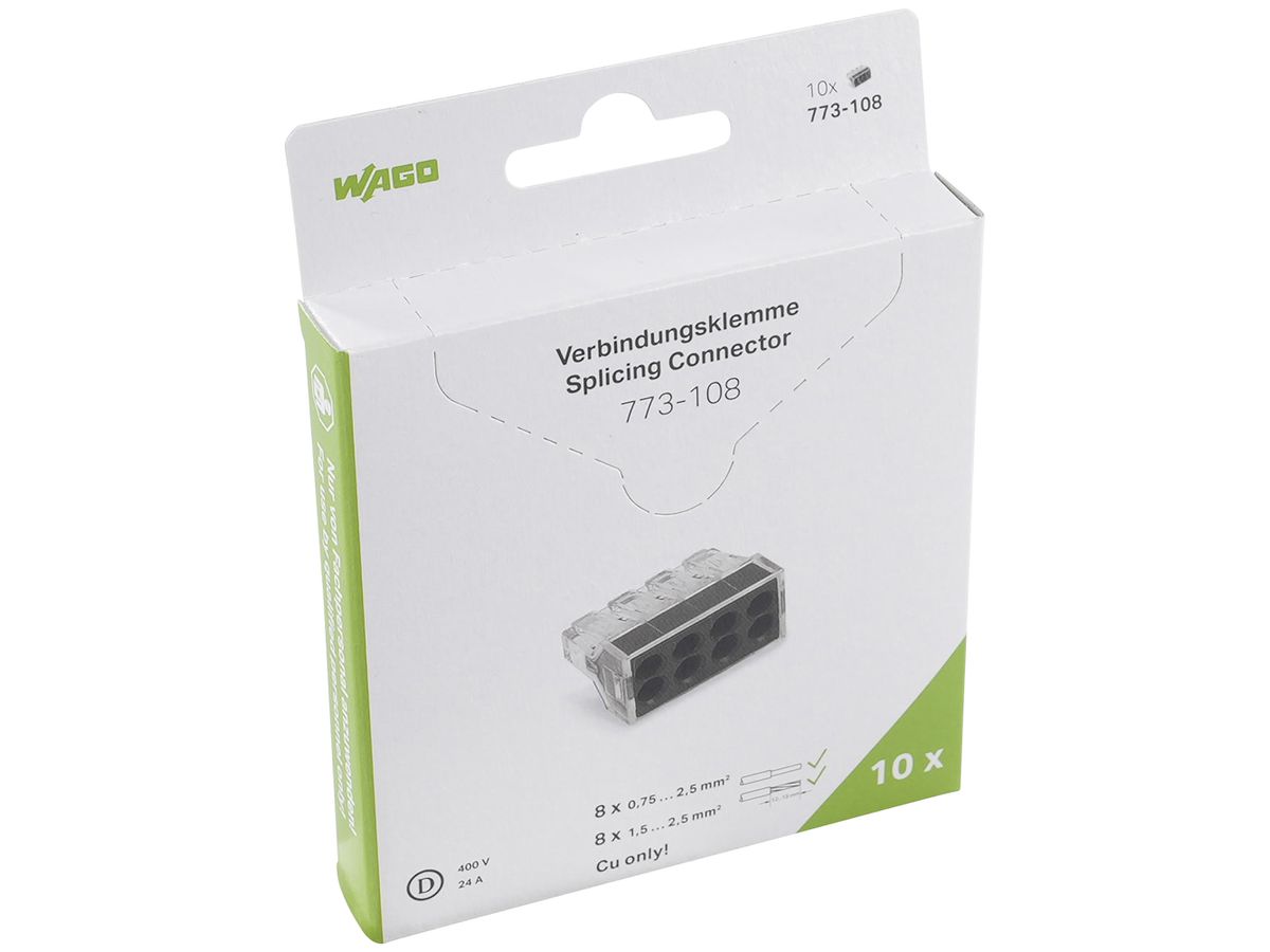 Verbindungsklemme WAGO 773-108 in Blister 10 Stück 8L 0.75…2.5mm² 24A 450V