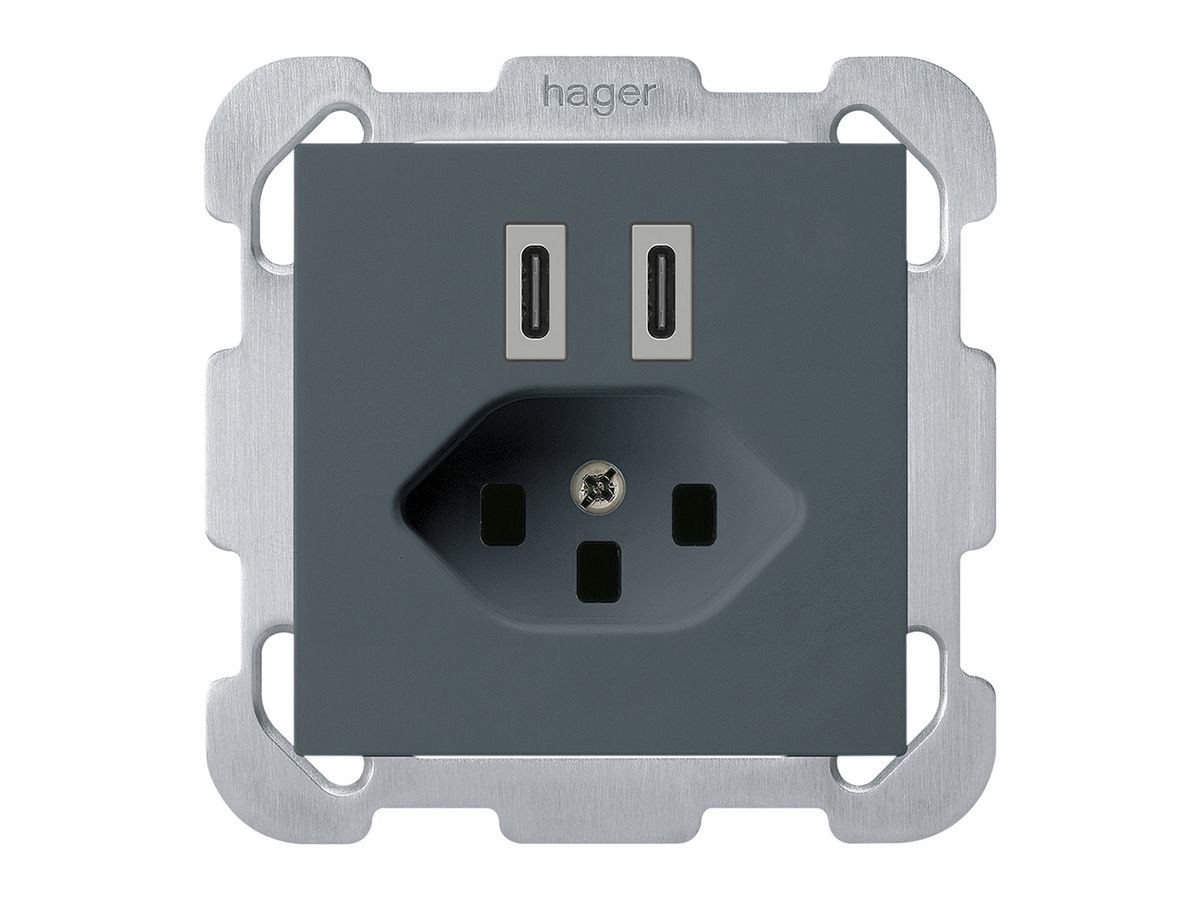 UP-USB-Ladesteckdose Hager kallysto C-C 20W+T23 5V 77×77mm anthrazit