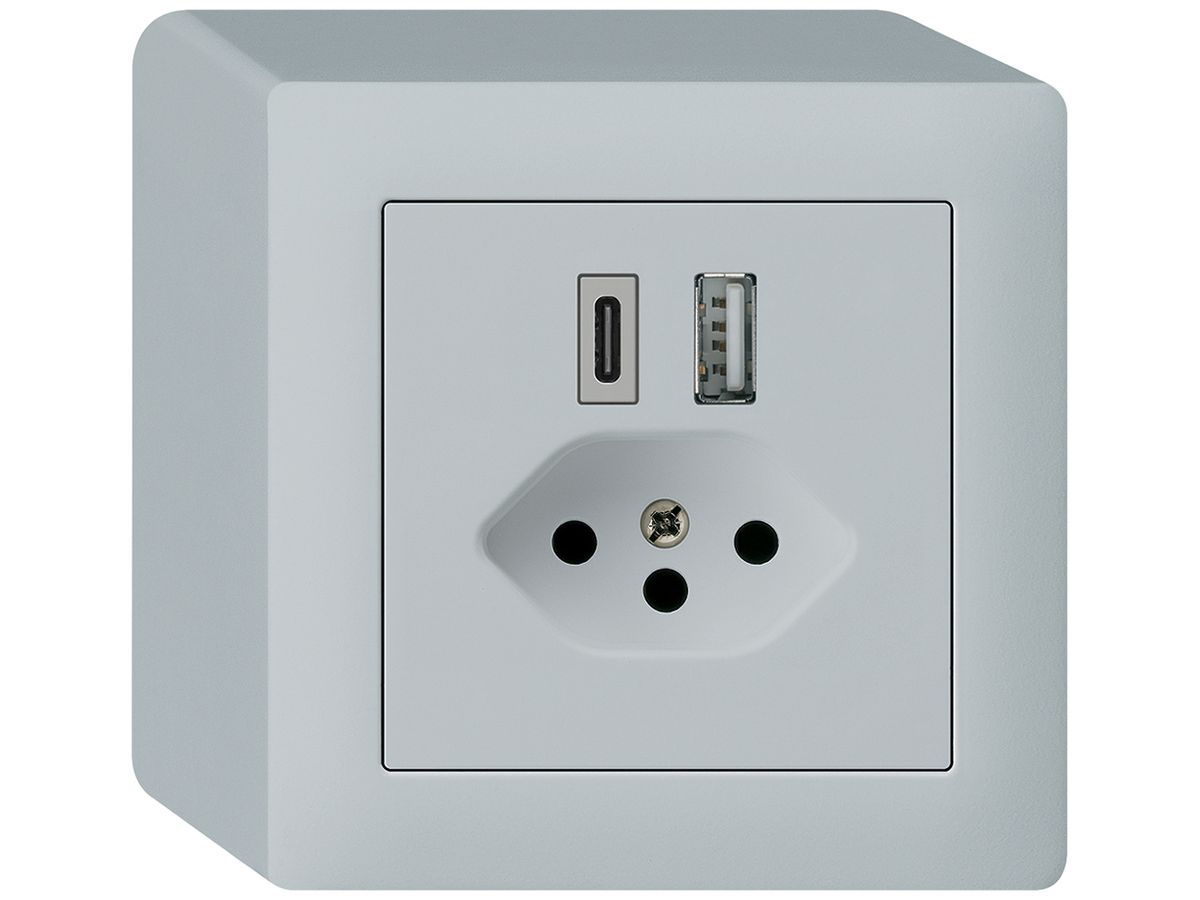 AP-USB-Ladesteckdose kallysto 18W PD 1×Typ A 1×Typ C T13 AP-Gehäuse hellgrau