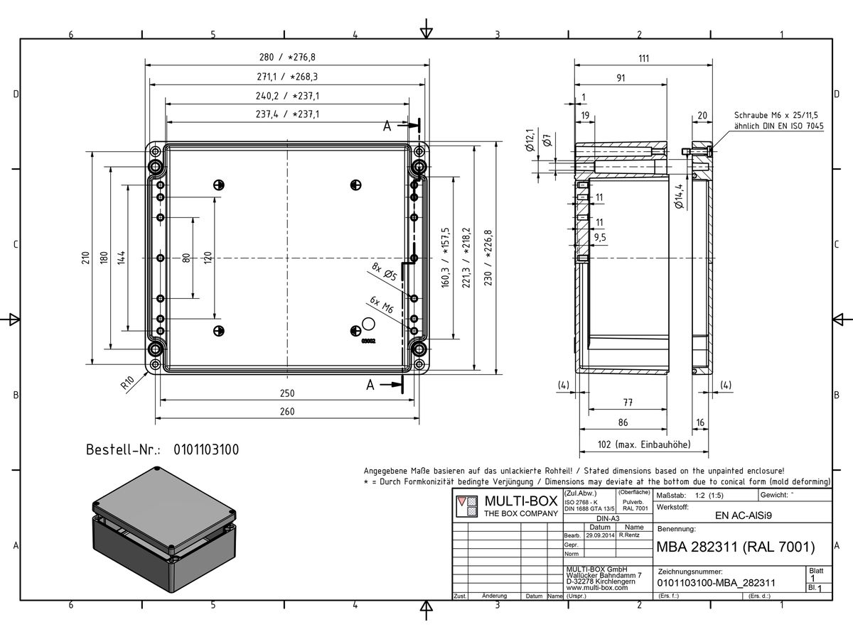Aluminiumgehäuse SWIB ENSTO AG 230×280×110mm IP66 grau