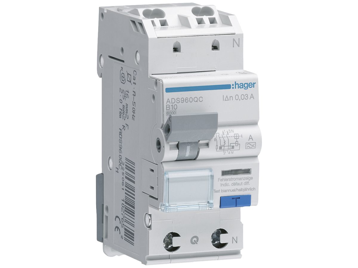 FI/LS-Schalter Hager RCBO QC 2P 230V Char.B 10A 0.03A Typ A 6kA 2TE