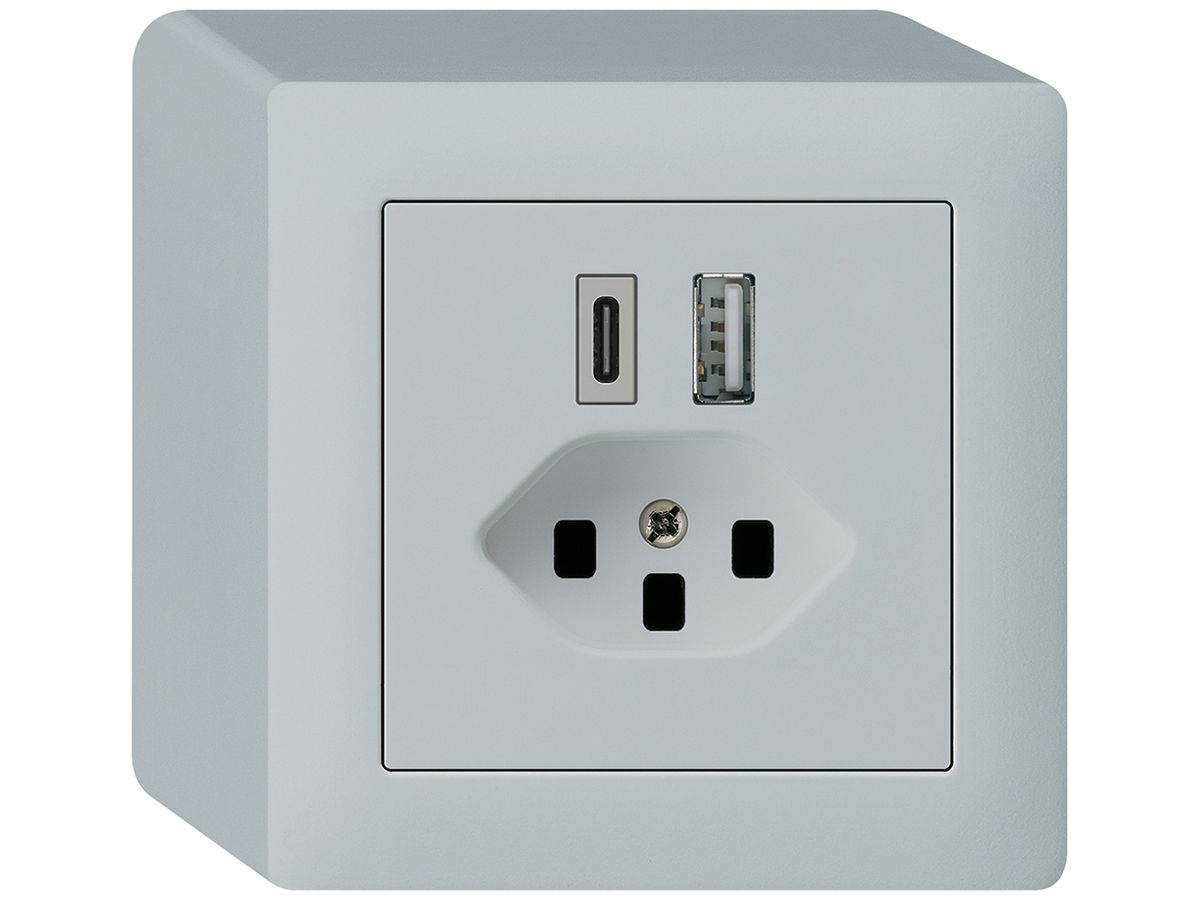 AP-USB-Ladesteckdose kallysto 18W PD 1×Typ A 1×Typ C T23 AP-Gehäuse hellgrau