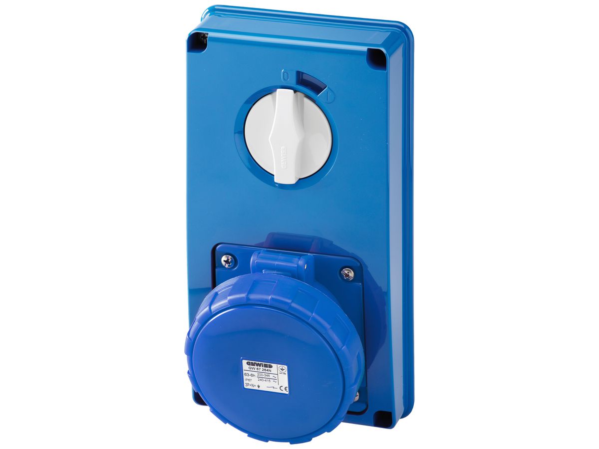 AP-Steckdose CEE Gewiss IB 4P 63A 200…250V bl 9h mechanische Verriegelung IP67