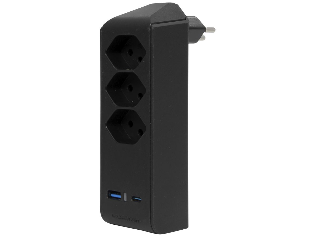 Abzweigstecker cleverLINE 3×T13 1×USB-A 1×USB-C 300° ohne Aufhänger schwarz