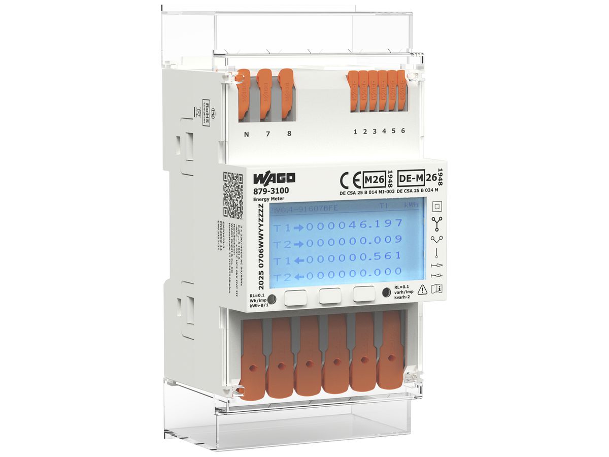 REG-Energiezähler WAGO MID26 3LN direkt 5A Multitarif elektrisch RS-485 4TE S0