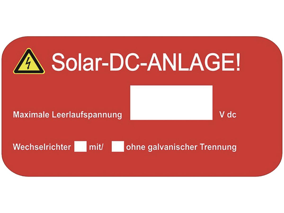 Etikette Plica EET UV HA Typ 3 "Solar-DC-ANLAGE!" 50×90mm rot