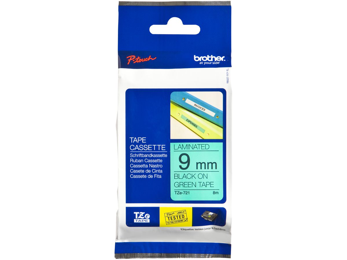 Schriftbandkassette Brother TZe-721 9mm×8m, grün/schwarz