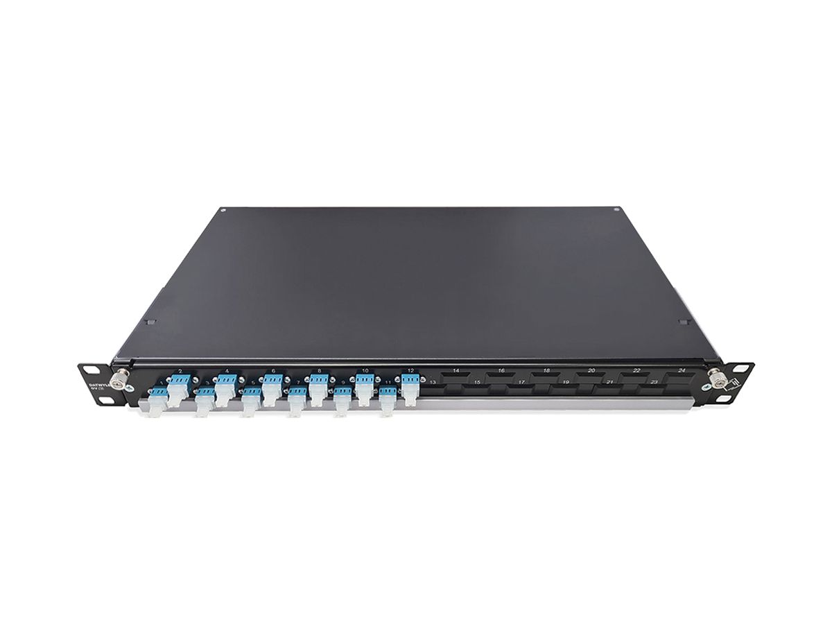Spleissbox 19" Dätwyler OV-CH 12×LCD/PC blau OS2 versetzt 1HE schwarz