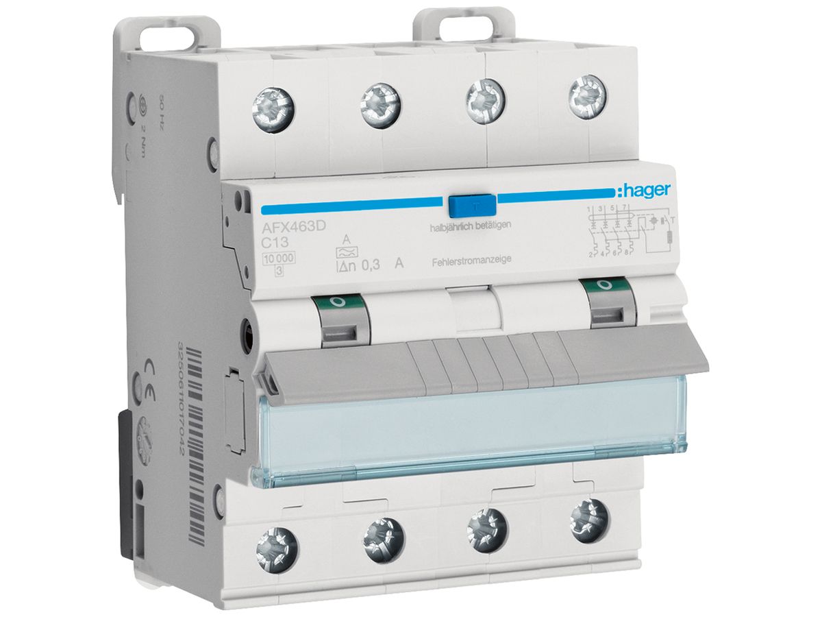 FI/LS-Schalter Hager RCBO 4P 400V C 13A 0.3A 4TE Typ A 10kA
